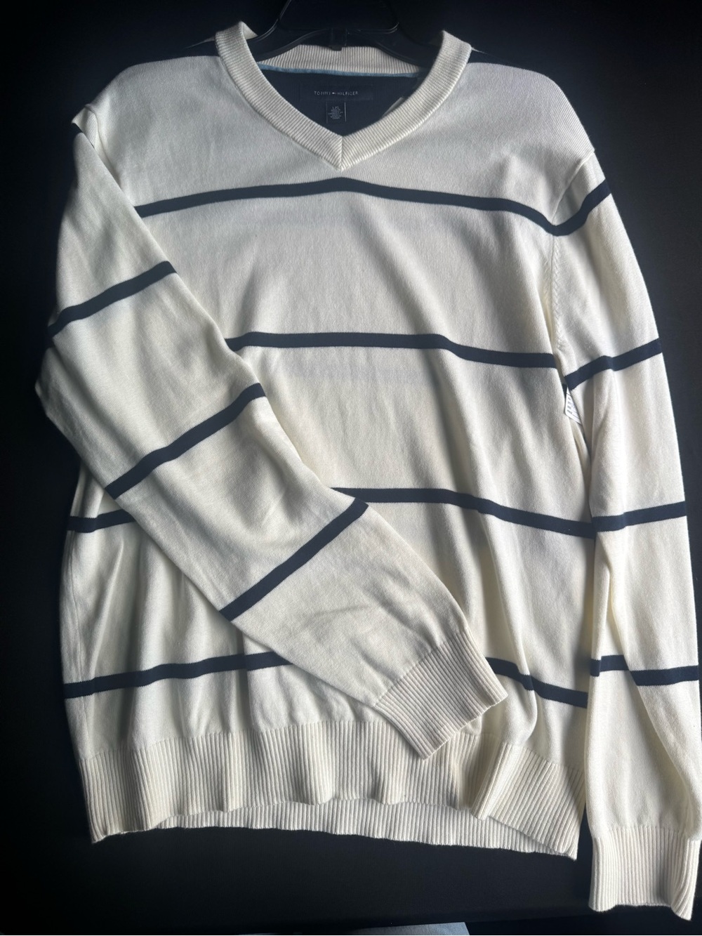 Tommy Hilfiger Ivory V-Neck Sweater with Navy Stripes